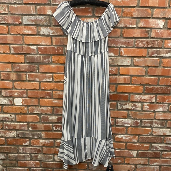 Bailey Blue Striped Off Shoulder Maxi Ruffle Hem Coastal Dress - Picture 4 of 5